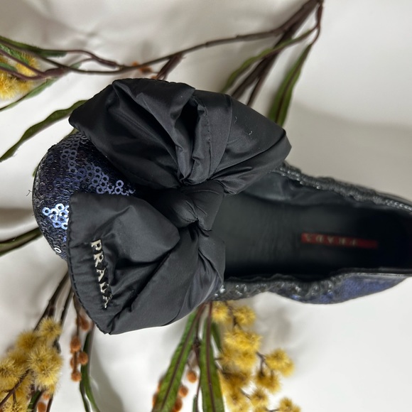 PRADA RARE BALLET FLATS SEQUENCE GLITTER BLACK Genuine  PATENT SATIN BOW - Picture 6 of 15